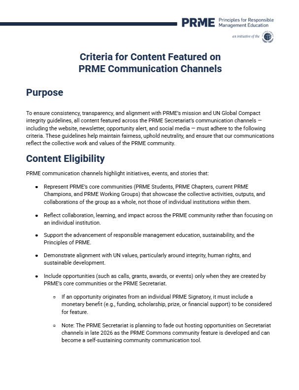 Criteria for Content Featured on PRME Communication Channels